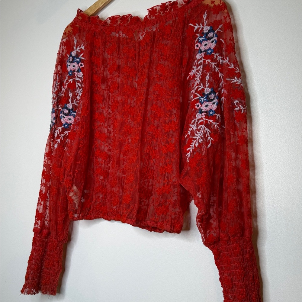 Free People red jubilee floral embroidered sheer peasant top size small - Picture 11 of 12